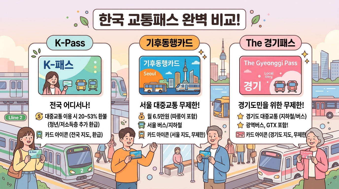 수도권 3대 대중교통 지원 카드(K패스·기후동행·경기패스) 핵심 차이