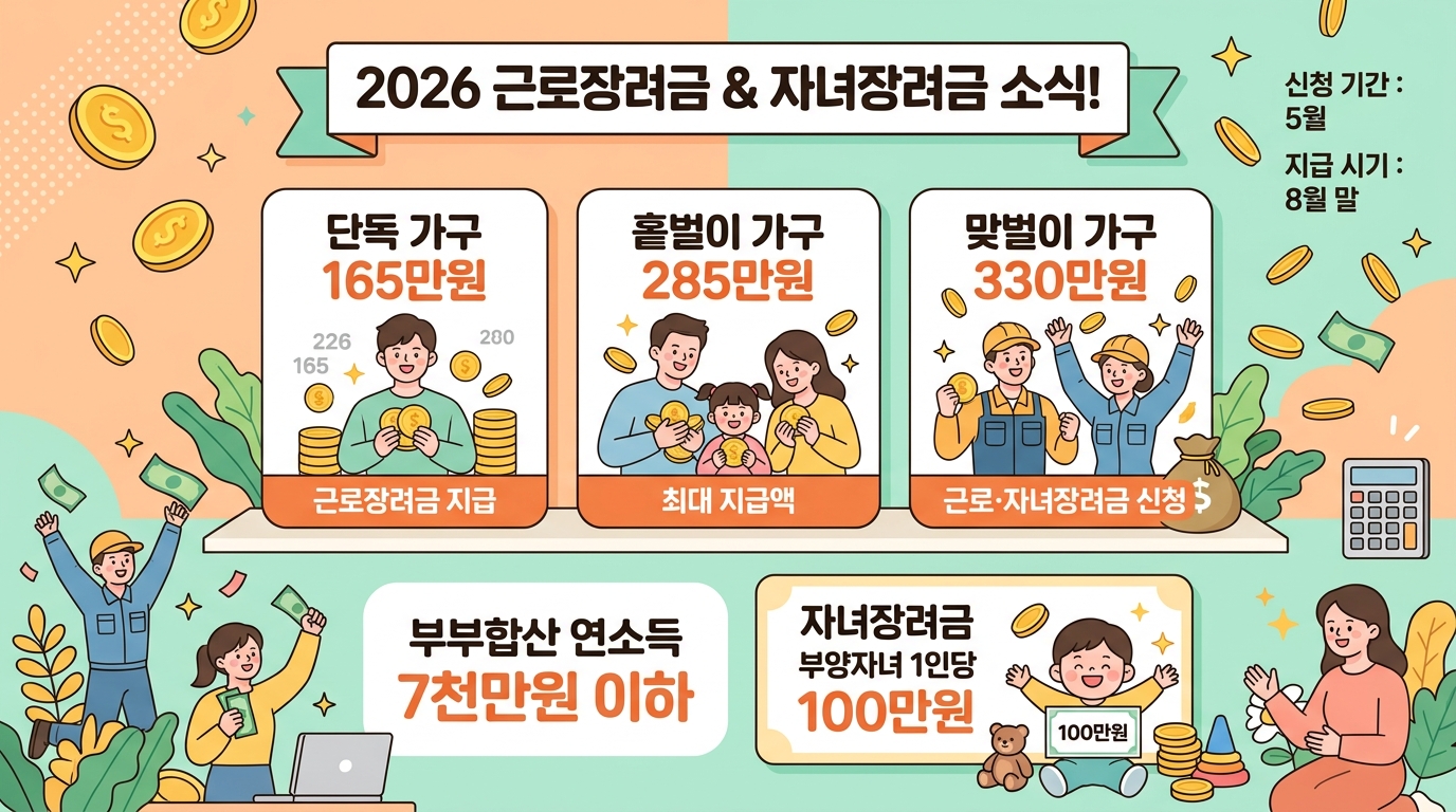 2026년 근로장려금 가구 유형별 총소득 기준과 최대 지급액