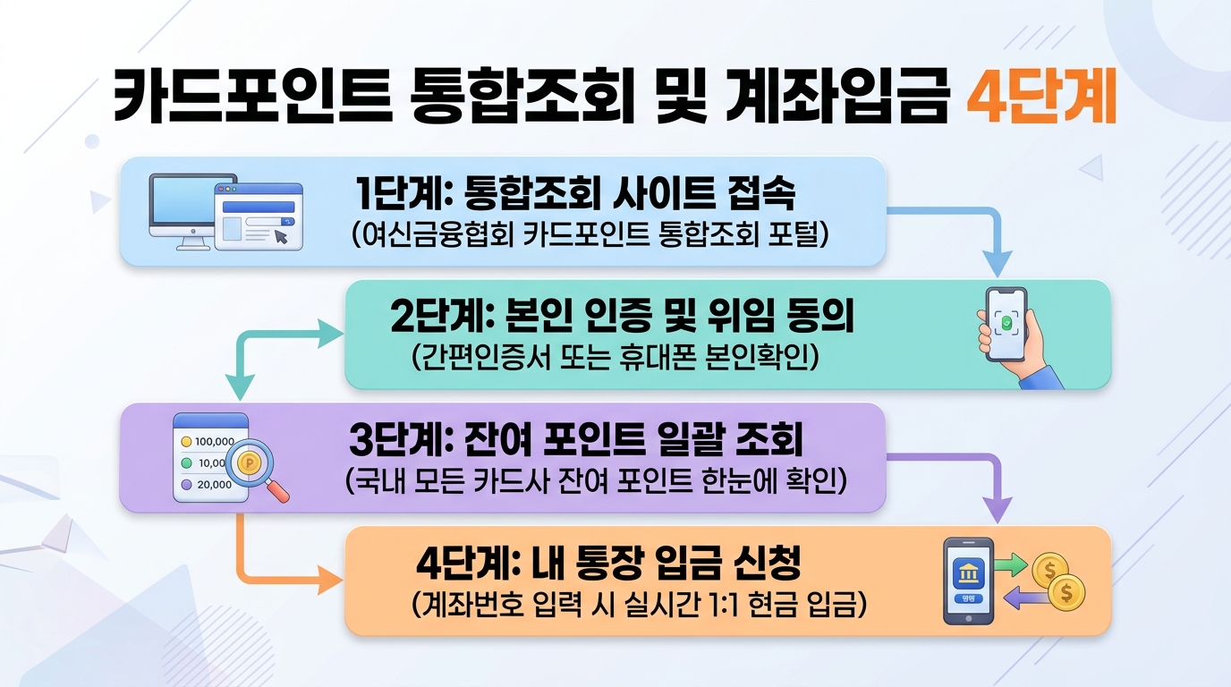 카드포인트 통합조회 및 계좌입금 4단계 절차 인포그래픽