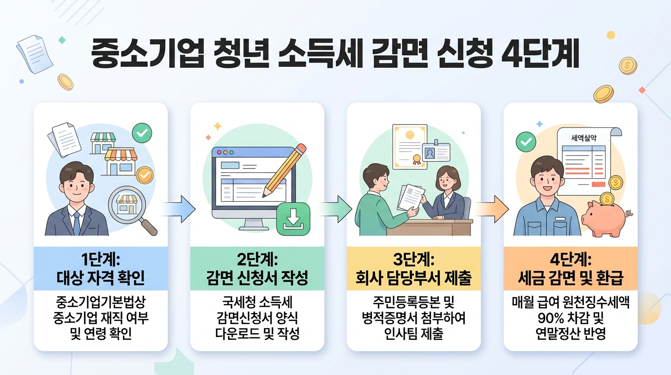 중소기업 청년 소득세 감면 신청 4단계 절차 인포그래픽