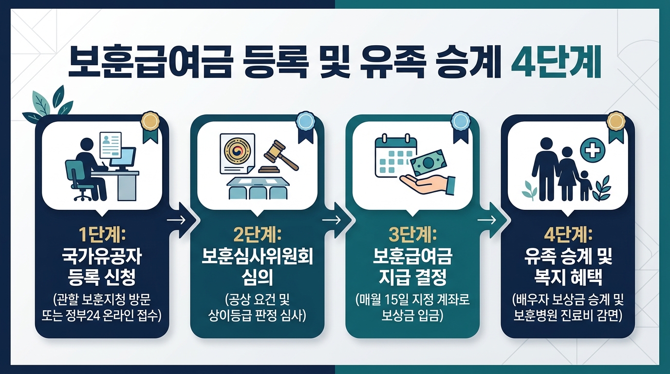보훈급여금 등록 및 유족 승계 4단계 절차 인포그래픽